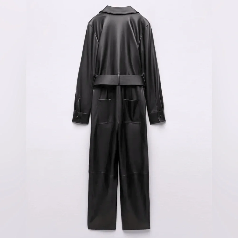 Zara FAUX LEATHER JUMPSUIT V-neck Long Sleeves Front & Back Patch Pockets NEW - Picture 9 of 10